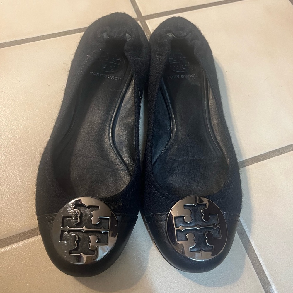 Tory Burch Black Felt and Leather Flats